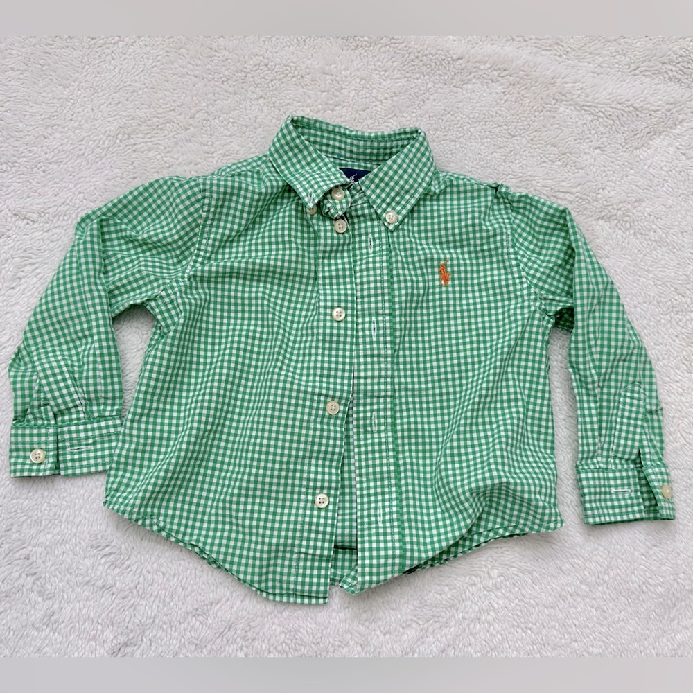 RALPH LAUREN  BABY BOYS GREEN/ WHITE BUTTON DOWN SHIRT 18month
